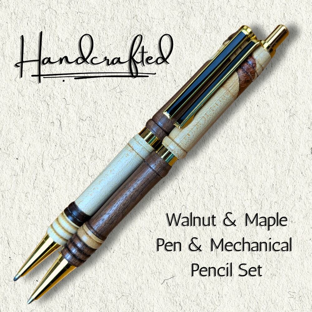 Handcrafted Wood Pen + Mechanical Pencil Set Walnut & Maple Click Style USA